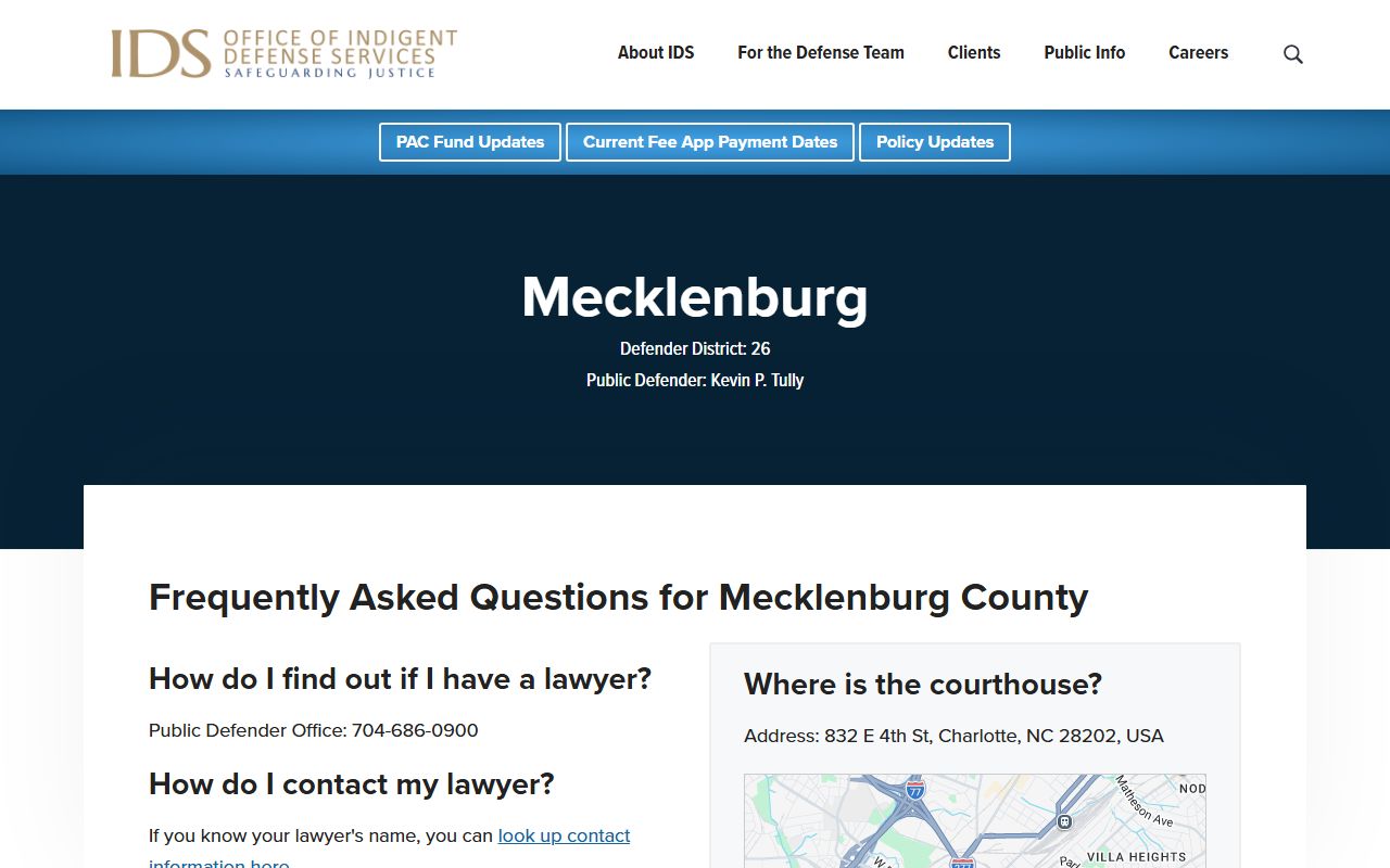 Mecklenburg County Clerk of Superior Court records and public defender contact boundary