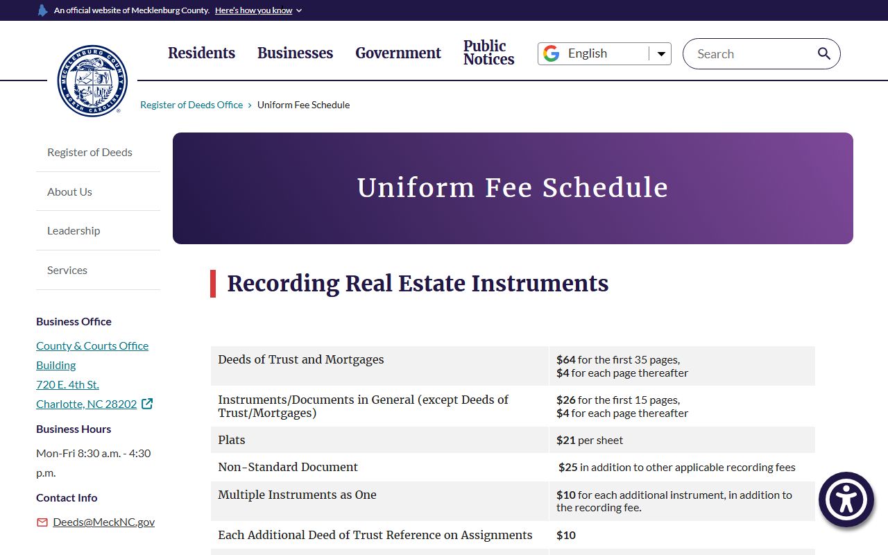 Mecklenburg County Clerk of Superior Court records and Register of Deeds fee boundary