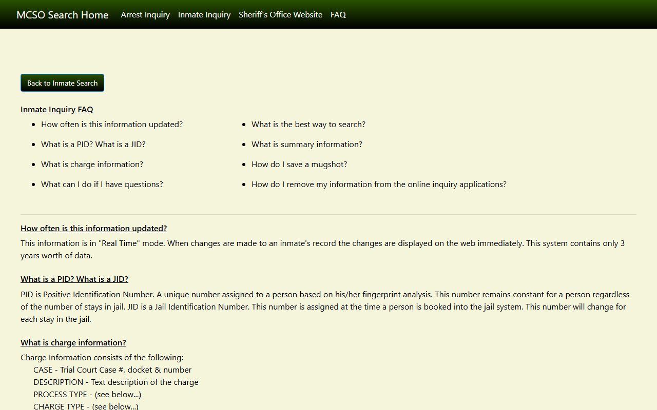 Mecklenburg County arrest records charge code glossary from MCSO Inmate Inquiry FAQ