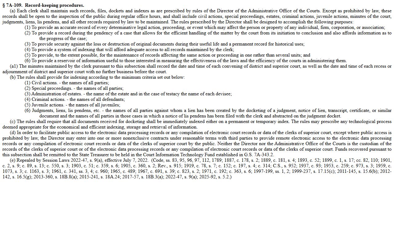 Mecklenburg County court charge records public inspection statute N.C.G.S. 7A-109