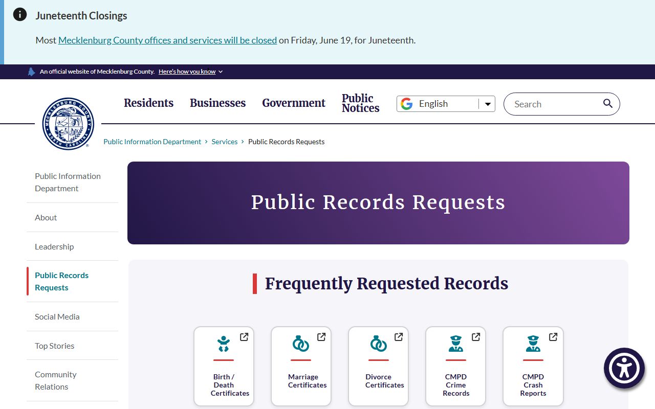 Mecklenburg County arrest records public records request page