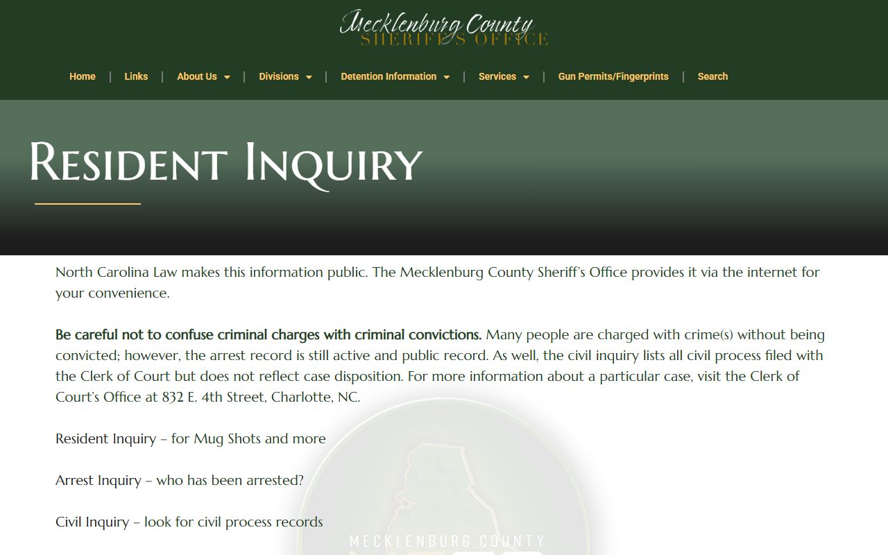 Mecklenburg County court records MCSO resident inquiry