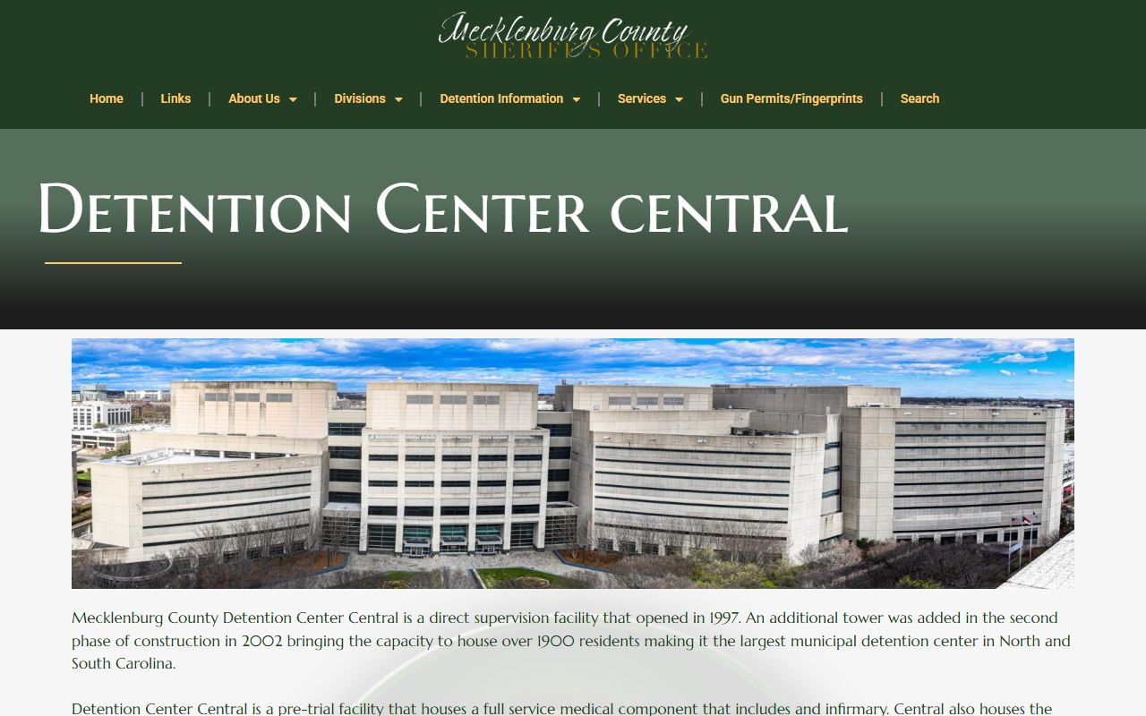 Mecklenburg County inmate records Detention Center Central facility page