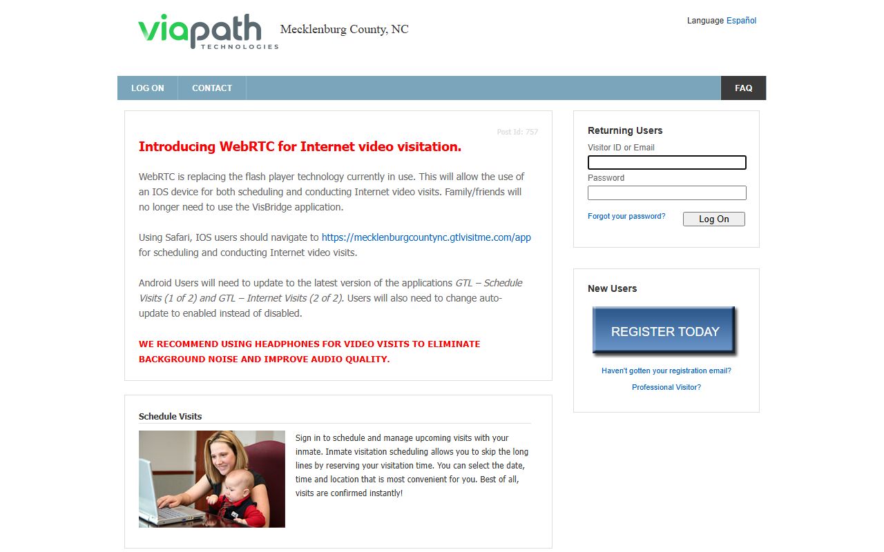 Mecklenburg County inmate video visitation scheduling through GTL