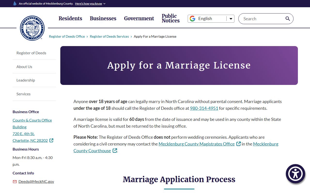 Mecklenburg County marriage records marriage license requirements